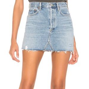 Agolde Light Blue Distressed Denim Mini Skirt